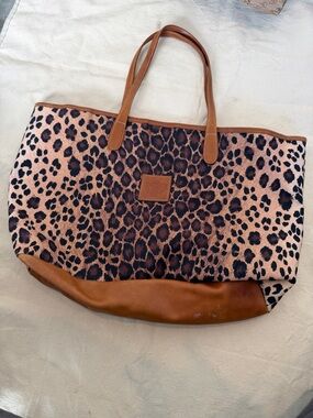 Leopard Print Tote with Tan Leather Trim